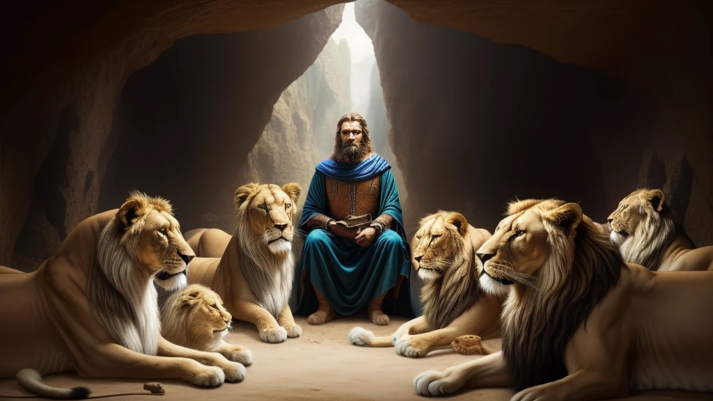 a photo of a man in a cave sitting in front of a group of Lions, god of cats, king of kings, Lions, backstory: Cave with Lions, epic biblical representation, Senhor das Bestas, god looking at me, Directed by: Howard Lyon, Senhor da Selva, bible illustration, biblical image, Directed by: Leonard Long, jungle king, prophetic art
