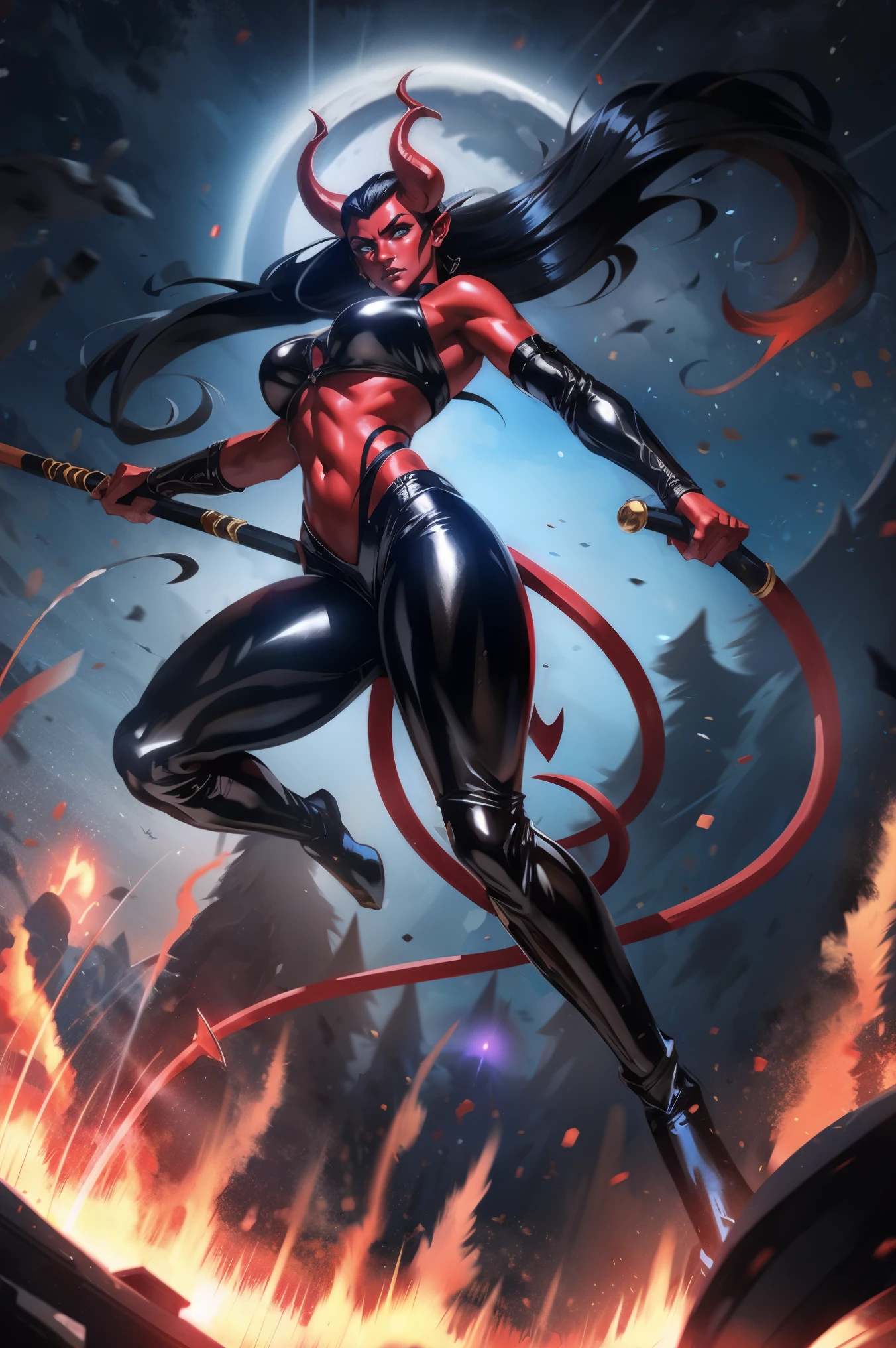 Red skin succubus tiefling, digitigrade legs, medium breasts, black horns, wings, huge tail, black leather, crop top, long flowing pelvic curtain, tall, toned, graceful, thin, long black ponytail. Action scene, whip. Dark scene, explosions, night sky.