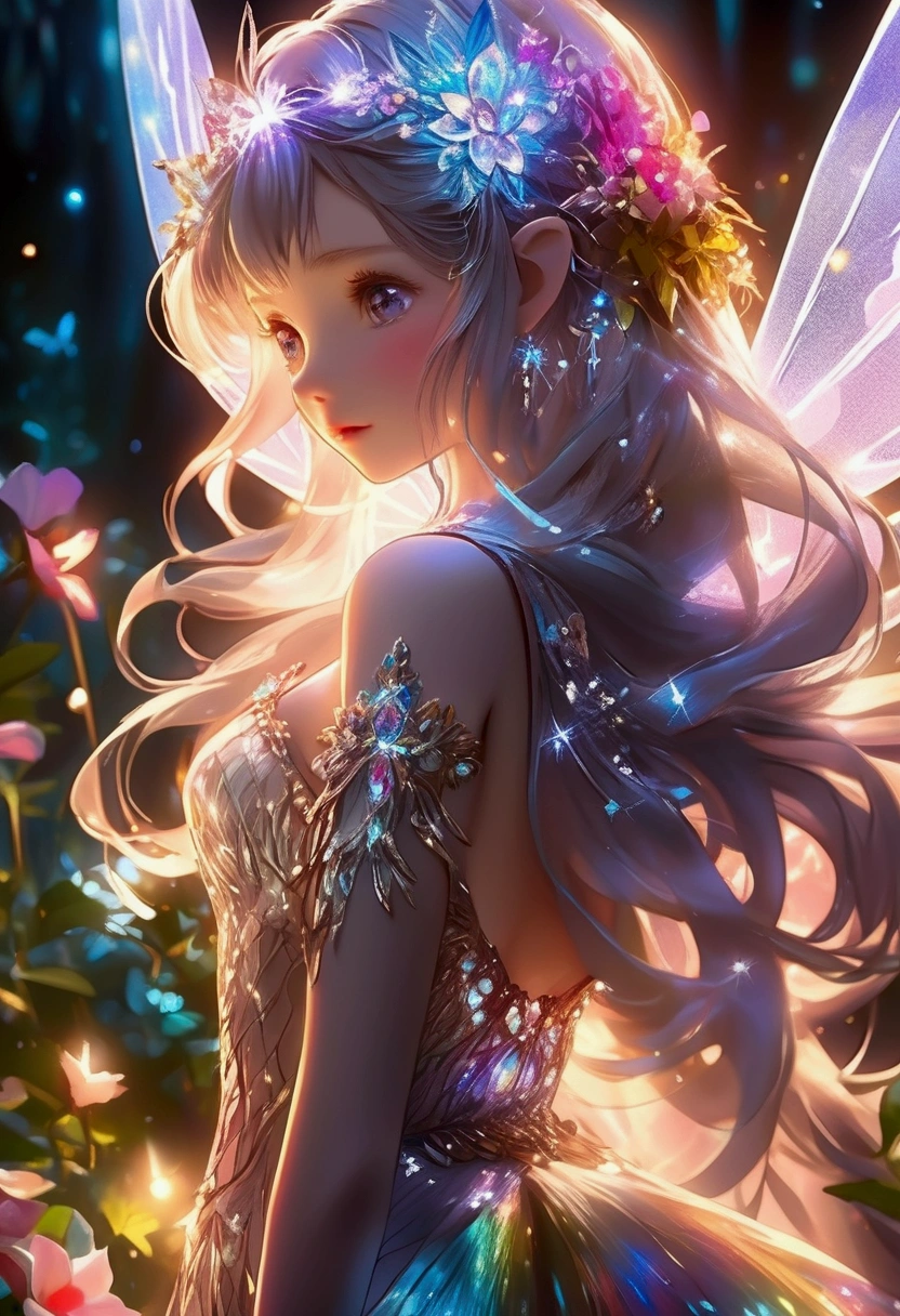 concept art ethereal fantasy concept art of anime artwork A fairy, Flowers, a fantasy-themed digital painting, enchanted forest at night, featuring ultra-highly detailed, photorealistic twinkling flowers with rainbow colors and ceramic textures, center-aligned and close-up, intricate pose with hyper-detailed clarity and sharp focus, extreme details, High quality, ArtStation, black to highlight the night setting, with light and sparkle effects to enhance the magical ambiance, high-quality studio photo, emphasizing intricate details and the ethereal beauty . anime style, key visual, vibrant, studio anime, highly detailed . magnificent, celestial, ethereal, painterly, epic, majestic, magical, fantasy art, cover art, dreamy . digital artwork, illustrative, painterly, matte painting, highly detailed