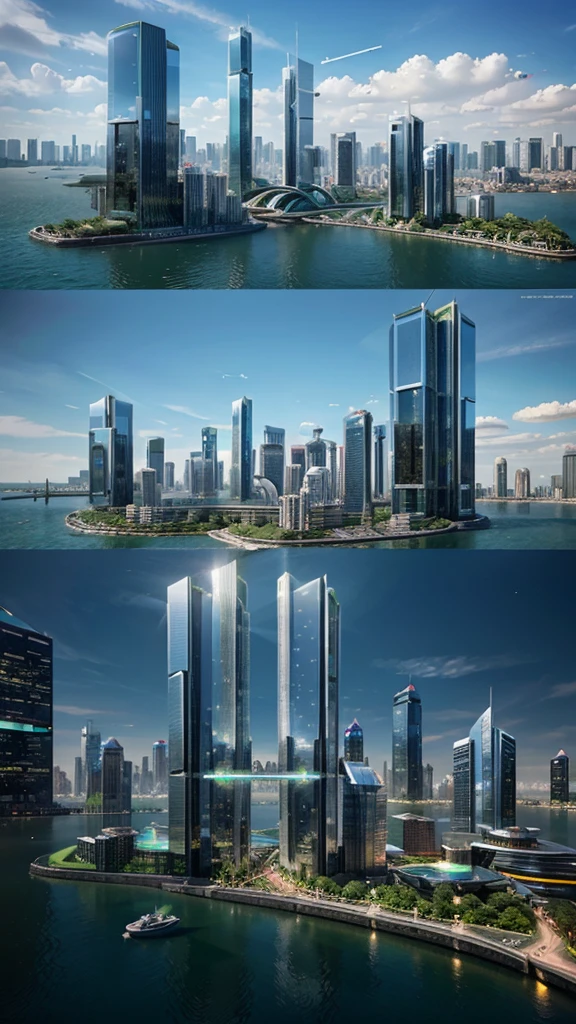 Futuristic metropolis, built on floating islands. High-rise buildings with glass facades, intertwining bridges and flying cars. streets, full of people in stylish tech clothes, green parks and holographic advertising panels. Drones are visible in the sky, keeping order