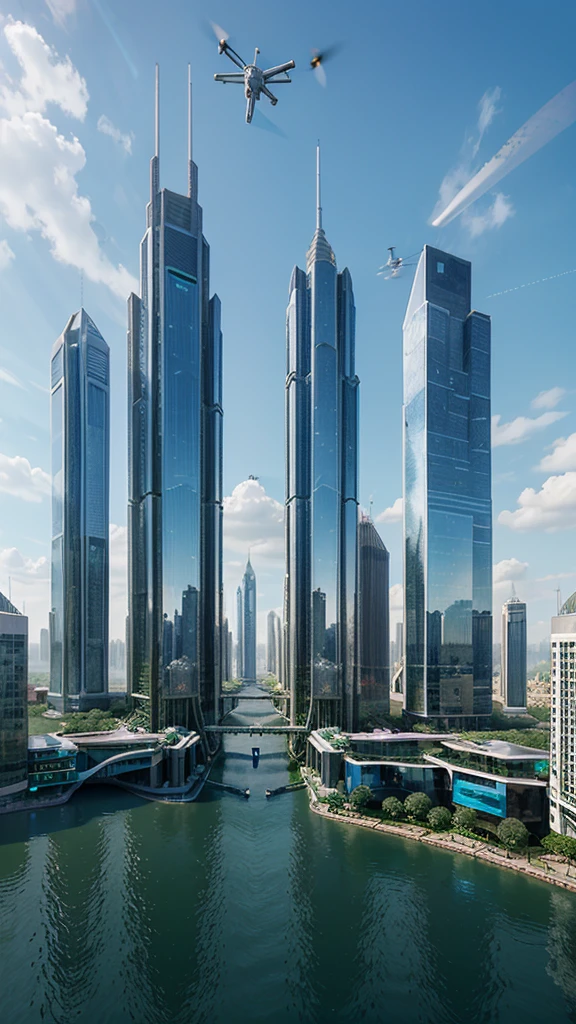 Futuristic metropolis, built on floating islands. High-rise buildings with glass facades, intertwining bridges and flying cars. streets, full of people in stylish tech clothes, green parks and holographic advertising panels. Drones are visible in the sky, keeping order