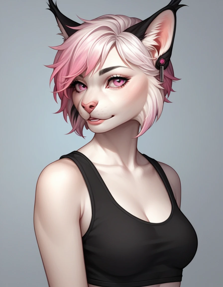 , score_9,score_8_up,score_7_up, source_cartoon, an Anthro furry lynx girl, short white hair, pink tips on hair, pink eyes, wearing black underwear, seductive