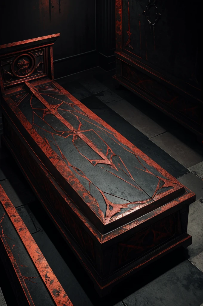 rusty daedric long bloody metal sarcophagus with a scratched image of a heaven on the metal surface, heaven is scratched with rough movements, many cracks and chips, dark black background, red ominous light, top view, view distance, few colours, distorted art, ghostly, the style of the 60s, dark castle room, emphasis on the shape of sarcophagus
