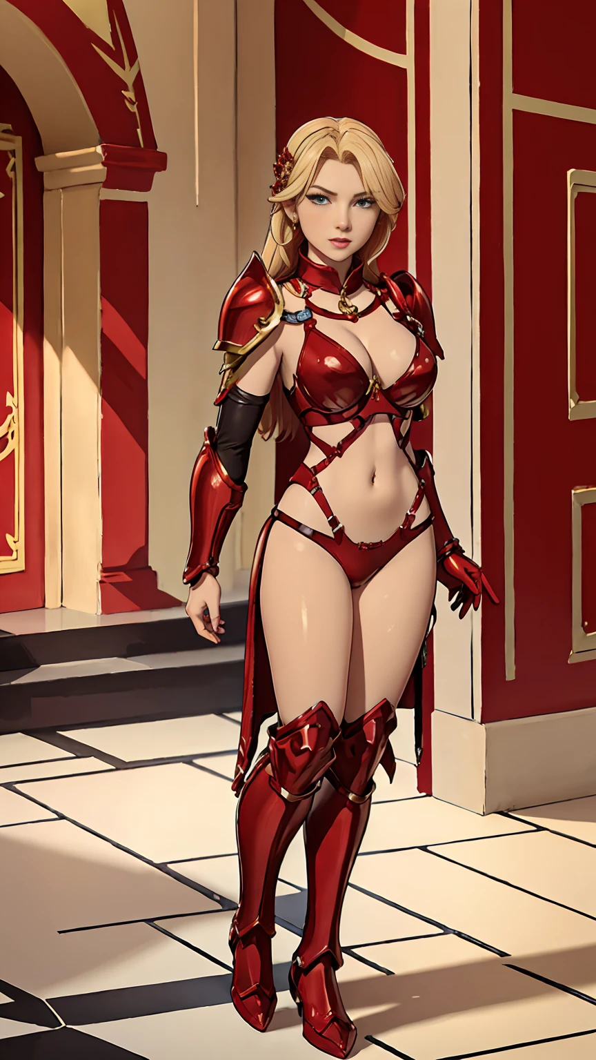 ((Full body photo, standing, feet on the floor))  a woman in a red and silver outfit standing in front of a tree, bikini armor female knight, gorgeous female paladin, lady in red armor, female paladin, extremely detailed artgerm, armor girl, commission for high res, portrait of female paladin, red armor, bikini armor, bikini-armor, a sexy blonde warrior, fantasy paladin woman