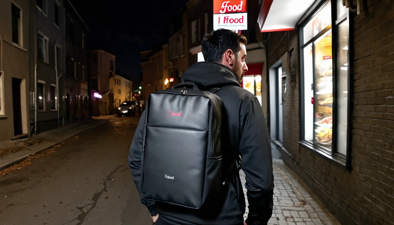 Ifood delivery man, large Ifood thermal backpack on his back, he has his back to the camera, right corner of the screen, sinister night, dark street, suspenseful atmosphere