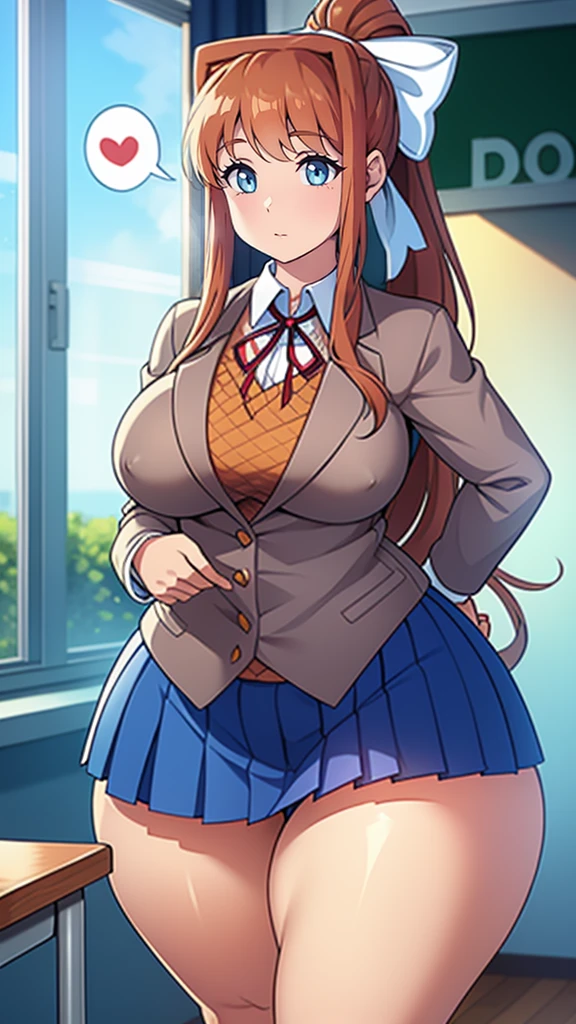 Masterpiece, high quality, best quality, beautiful, HD, perfect lighting, detailed face, detailed body, ultra cute face, cowboy shot 1.5, tuned to the side, ((1girl)), ((solo)), cute pose, (Monika),

 brown hair, green eyes, very long hair, ponytail, (white bow), blazer, brown sweater, collared shirt, neck ribbon, blue skirt, school classroom, looking at viewer, (blush),

sweet smile, affectionate, nervous sweat, medium breasts, perky breasts, wide hips, ((thick thighs)), chubby, spoken heart,