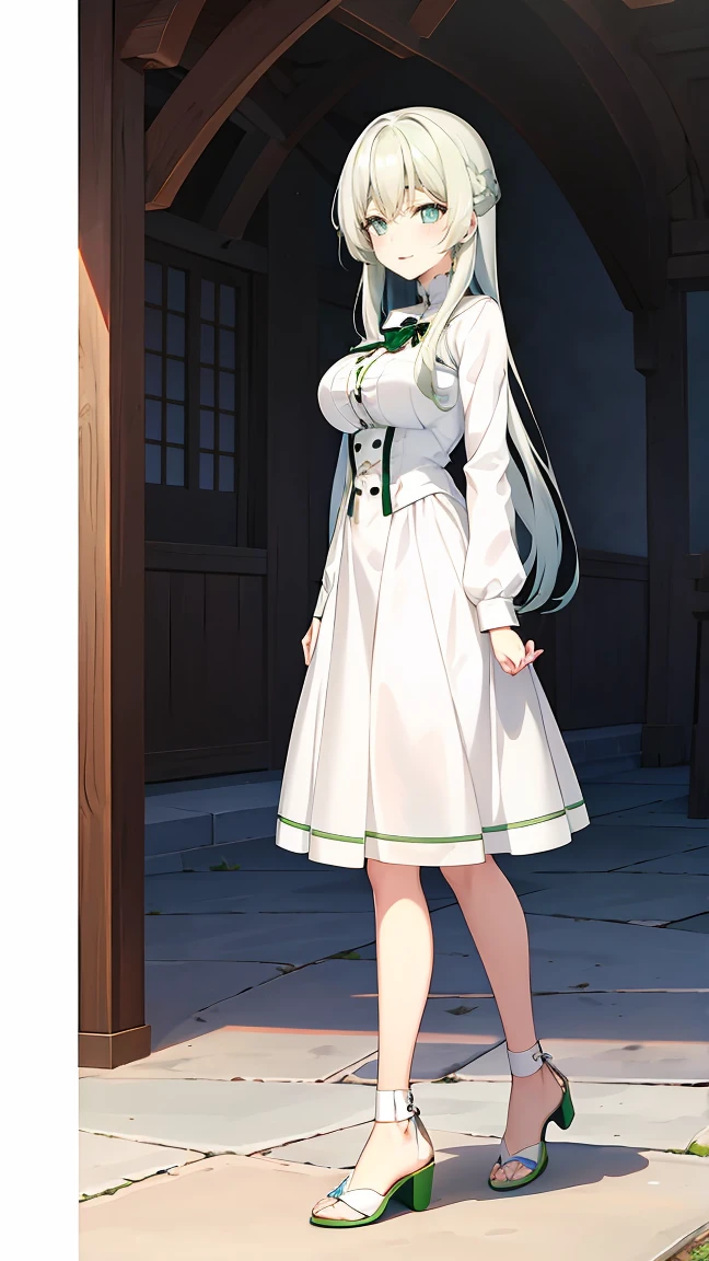 Girl with long green hair,Inner color and white hair、 Beautifully shaped breasts with tension, Green Eyes, White Casual Wear Beauty Special、,Full body photo from head to toe、Proud expression、Older sister、Bold personality、Innocent、Emotionally rich facial expressions、(Standing with your legs apart)、