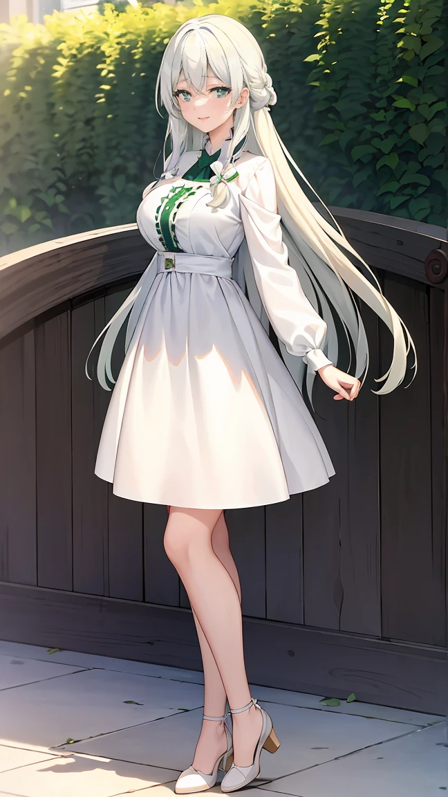 Girl with long green hair,Inner color and white hair、 Beautifully shaped breasts with tension, Green Eyes, White Casual Wear Beauty Special、,Full body photo from head to toe、Proud expression、Older sister、Bold personality、Innocent、Emotionally rich facial expressions、(Standing with your legs apart)、