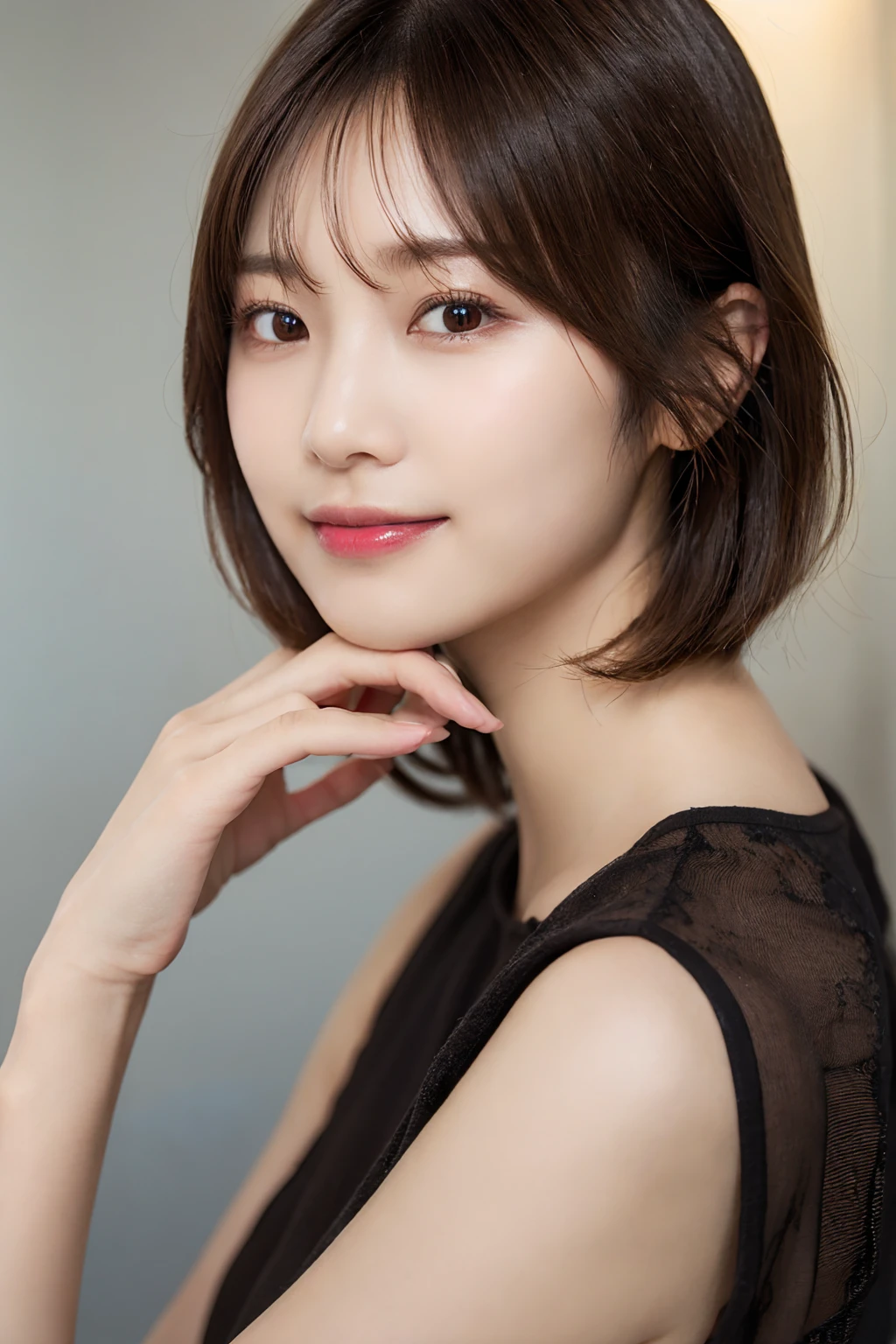 (((Straight, shoulder-length, brown mini bob)))、(((目が細くLight eye makeup)))、((Her Room)), Half Japanese and half Korean、25-year-old woman、independent、cute,beautiful, fun、(((Embarrassing, blush))), Light eye makeup、Brown Hair Color, 平均的なbeautiful女性, Ultra-realistic faces、smileの表情、look up、Detailed glossy hair, beautiful髪,Pleasant lighting effects、 Ultra-Realistic Capture、Very detailed、High resolution 16k human skin closeup、((Natural skin texture, Detailed skin、Healthy Skin)), Even Tone, Natural light, Natural Color、High quality photos taken by modeling agencies, To the audience:, smile

