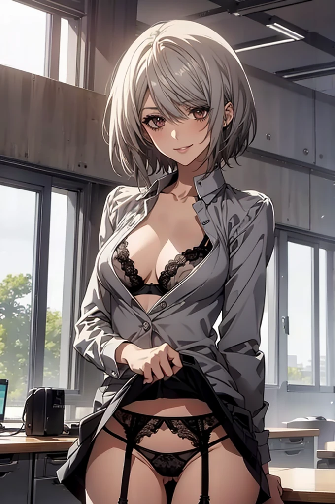 (Highest quality, High resolution, Very detailed), 1 female, Silver Hair, ToneShort Hair, Reddish brown eyes, office staff suit skirt, lace thong bra, garter belt, Large Breasts, secretary, 24th generation, Beautiful woman, mature, quiet, Calm, A small smile, office,