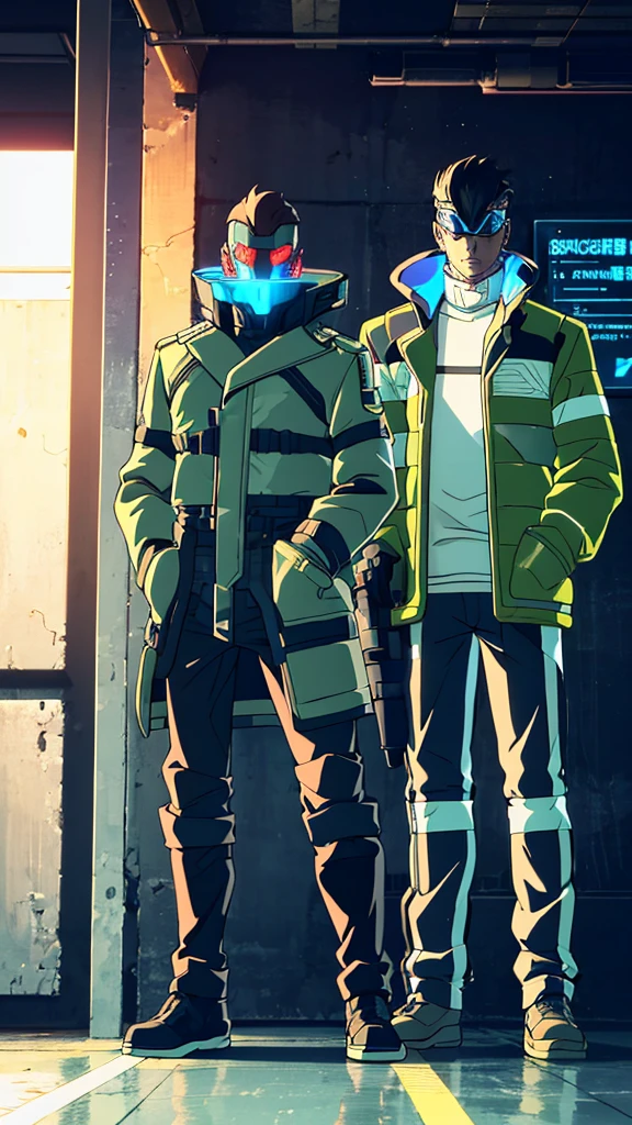 Male, fully cybernetic, full 'borg, military special forces cyborg, wearing futuristic armored camouflage trenchcoat, cybernetic body and head, head and face covered by visor, full body shot, fully in frame, standing at attention, hands in pockets, Edgerunners style, edgerunners_style