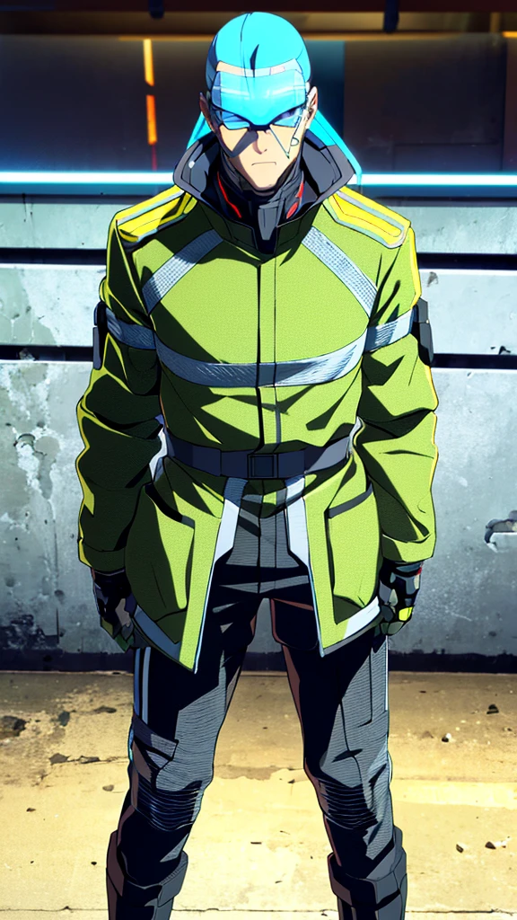 Male, fully cybernetic, full 'borg, military special forces cyborg, wearing futuristic armored camouflage trenchcoat, cybernetic body and head, head and face covered by visor, full body shot, fully in frame, standing at attention, hands in pockets, Edgerunners style, edgerunners_style