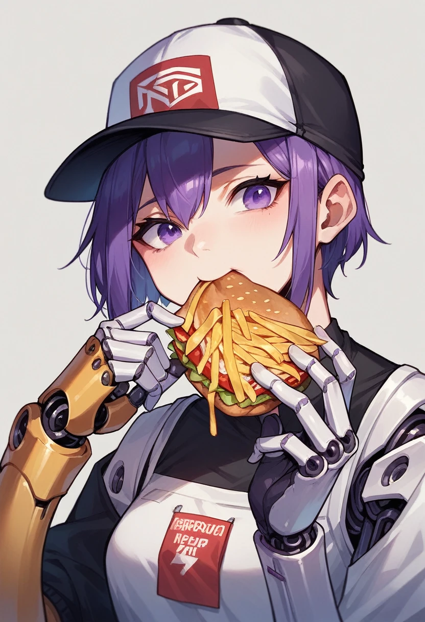 to use, android, robot, mechanical arm, bright, purple eyes, purple hair, cap, eat french fries 