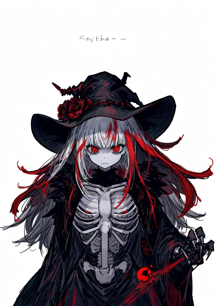 skeleton, white hair, red eyes, skeleton, bone girl, witch, beautiful clothes, (high resolution, high detail, best quality), angry