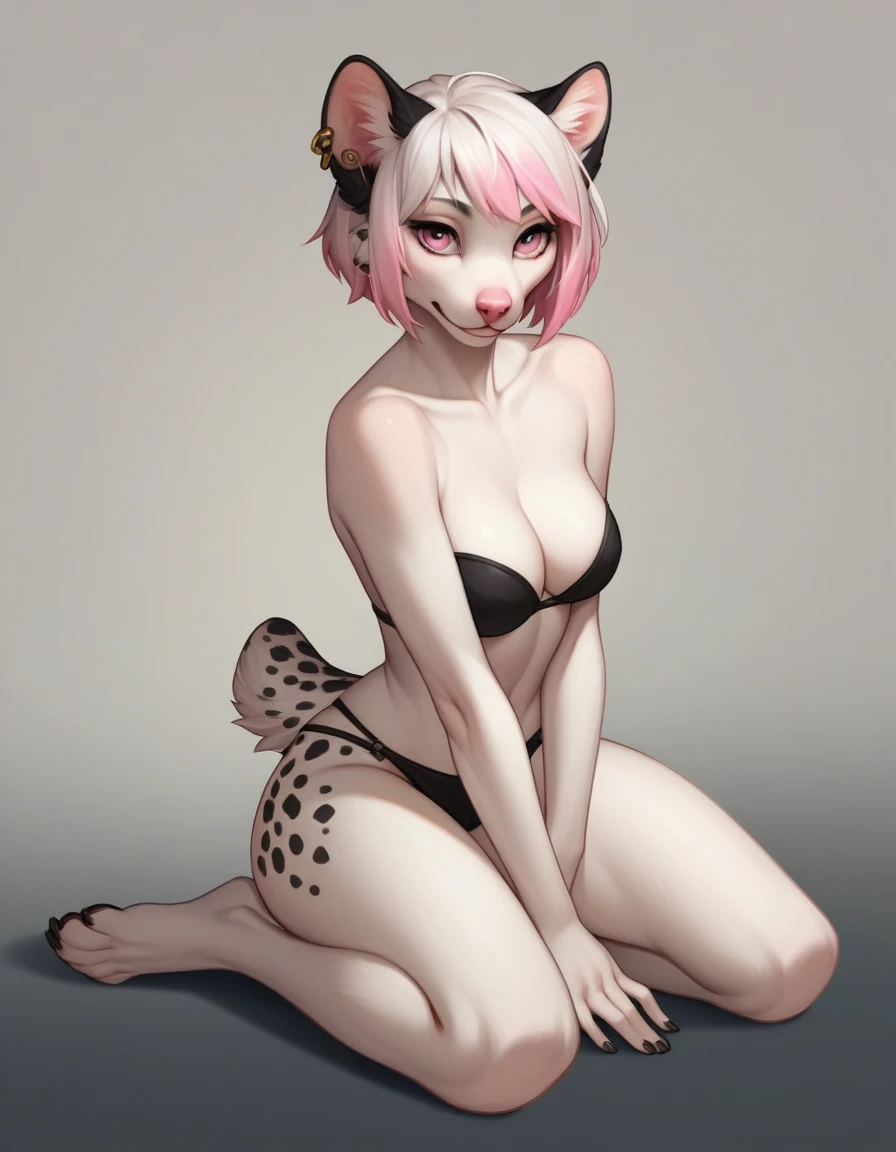 , score_9,score_8_up,score_7_up, source_cartoon, an Anthro furry albino lynx girl, all white furry body, black spots on fur, black ear tips, short white hair with pink tips on hair, pink highlights in hair, pink eyes, pink nose, wearing black underwear, seductive, on her knees, kneeling, full body shot, feet paws, 4 toes,