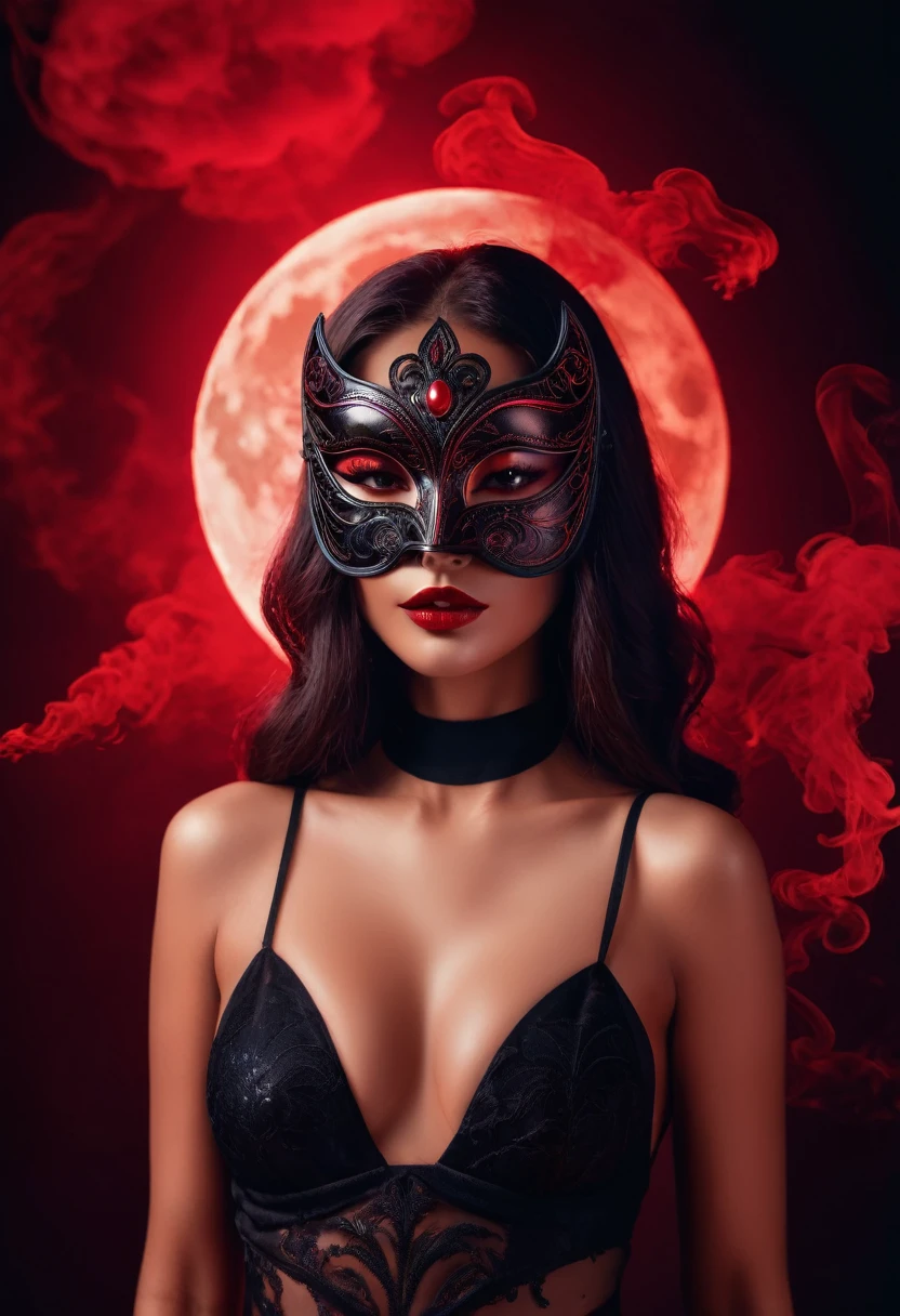 woman with a sensual mask, fashion sexy, black moon background, 8K, red light, with smoke