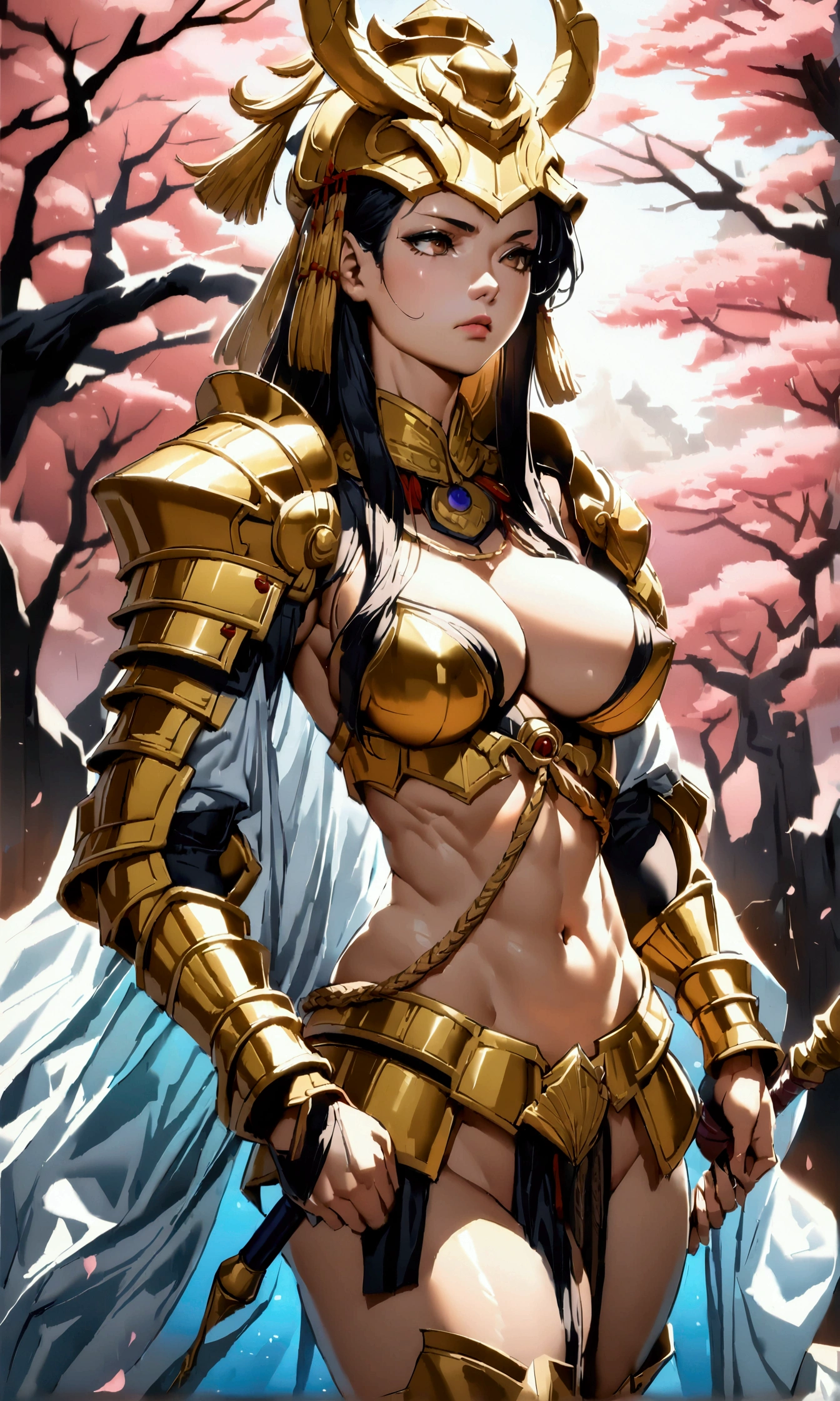 Hot asian warrior queen, ((fit)), strong, (((japanese))), (japanese facial features), (japanese body shape), glossy eyes, ((((beautiful)))), looking straight, sexy, (serious expression), stoic, ((oriental)), ((hyper sexualized)), raunchy, hourglass body, ((sexy)), (((mostly naked))), from the front, holding a spear, ((perfect)), (feminine), walking dramatically, hips swaying, bottomless, gold belly chain, japanese armored corset, japanese armored thigh highs, japanese armored sleeves, camel toe, naked sexy hips, japanese micro breast curtain, japanese high rise micro thong, japanese billowing cape, japanese armored shoulder pads, japanese helmet, voluptuous round juicy , underboob, voluptuous round ass, wide naked hips, hip cleavage, full shapely body, curvy, ornate japanese jewelry, vibrant aura, smooth shiny skin, (sexy lighting), cherry blossom battle background, smooth clean lines, ultra textured, ultra detailed, highest resolution, maximum quality, max detail, vivid colors, max texture, energetic composition, dramatic lighting, crystal clear, d perspective, high contrast, seamlessly blended, photorealistic rendering, chromatic aberration, subpixel precision, bokeh effect depth art, anamorphic perspective, hdr high dynamic range, spectral color graded, photometric lighting, ((hyper realistic))