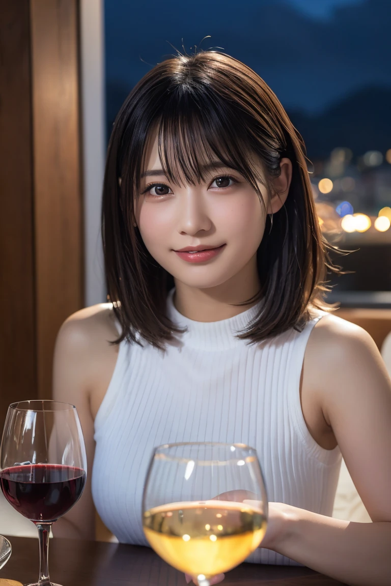 (hair, Ultra-high resolution, Highest quality, masterpiece: 1.2), (Realistic, photoRealistic: 1.37), Very detailed, 1 pretty woman, (slimな顔), (The body is slim), (Brown Hair), (Shortcuts), cheeks turn a little red, (Age 25), Age 25, alone, 窓の外の美しい詳細な都市のnight景, restaurant, wine glassが座る, nightに, NovaFrogStyle in a prominent place, actress, model, Upper Body, White wine, slim, wine glass, Super Clean night View, wine glass Put in the Middle, Happy smile, (smile: 1.15), Beautiful Eyes, Upper Body, Destroy Japan, night, short, short, actress, model, Upper Body, White wine, slim, wine glass, Super Clean night View, wine glass Put in the Middle, Happy smile,Sleeveless dress