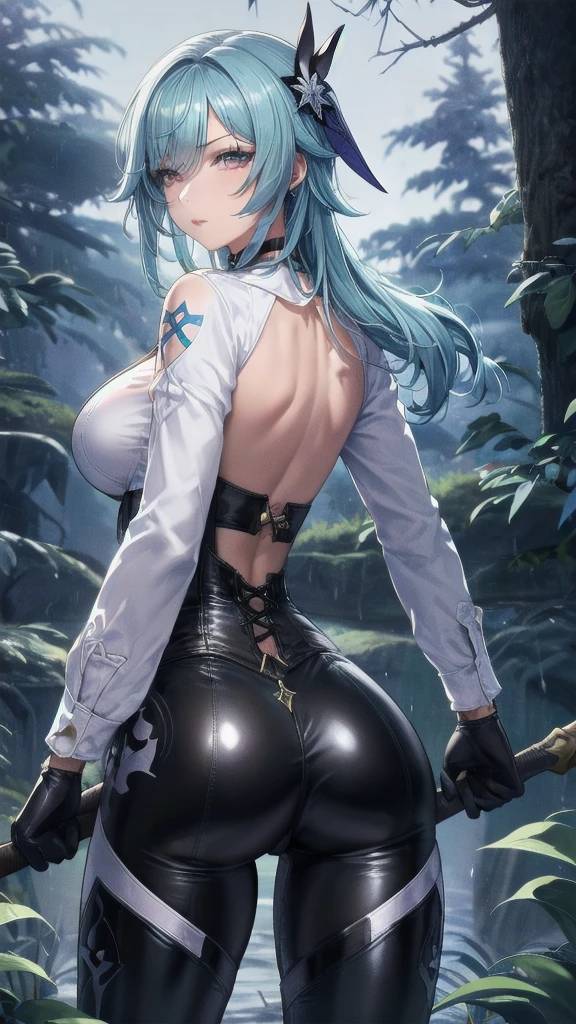 Masterpiece, Beautiful art, professional artist, 8k, Very detailed face, Detailed clothing, detailed fabric, 1 girl, eula, (genshin impact), view from behind, perfect ass, standing, big breasts, perfectly drawn body, pale skin, serious expression, beautiful face, sky blue hair, 4k eyes, very detailed eyes, pink cheeks, choker:1.6, (white long sleeve button down shirt with white collar), black gloves that cover up to the elbows, He holds an ax in his right hand, (black leather corset), (shiny black leggings), Black leather boots, Sensual Lips, show details in the eyes, dark forest, at night, atmosphere, fog