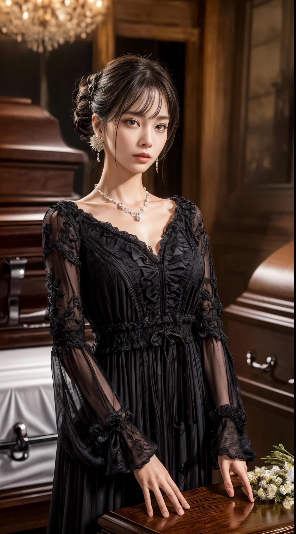 Cowboy Shot、(Updo with bangs)、straggling hair、Black Hair、(Hanging Hair)、((widow))、((mourning dress))、((((Black long sleeve mourning clothes))))、(((Japanese-style room)))、((((Funeral))))、Black formal wear、Highest quality,(RAW Photos:1.2)、(Realistic:1.4),(High resolution:1.4), 1 Girl, Written boundary depth,, Exquisitely crafted,8K, Very detailed, Perfect lighting, Spectacular Background、((Delicate painting))，(女の子の詳細なRAW Photos),(Highest quality:1.6), (超High resolution:1.5), (Realistic:1.75), 8K resolution, Canon EOS R5, 50mm,  Very detailedな,Cinema Lighting,Correct finger、sit、Pearl Necklace、Pearl Earrings、(Clothing that covers the chest)、((There is a coffin))、((Minimally revealing clothing))、(The altar is decorated with a bouquet of chrysanthemums.)、candlestick、