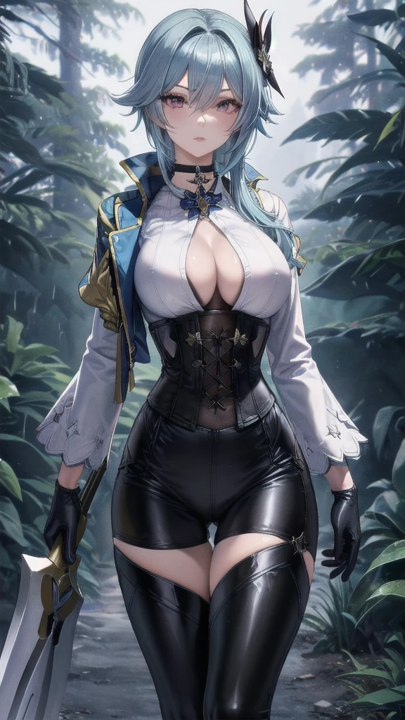 Masterpiece, Beautiful art, professional artist, 8k, Very detailed face, Detailed clothing, detailed fabric, 1 girl, eula, (genshin impact), View from the front, standing, big breasts, perfectly drawn body, pale skin, serious expression, beautiful face, sky blue hair, 4k eyes, very detailed eyes, pink cheeks, choker:1.6, (white long sleeve button down shirt with white collar), black gloves that cover up to the elbows, He holds an ax in his right hand, (black leather corset), (shiny black leggings), Black leather boots, Sensual Lips, show details in the eyes, dark forest, at night, atmosphere, fog