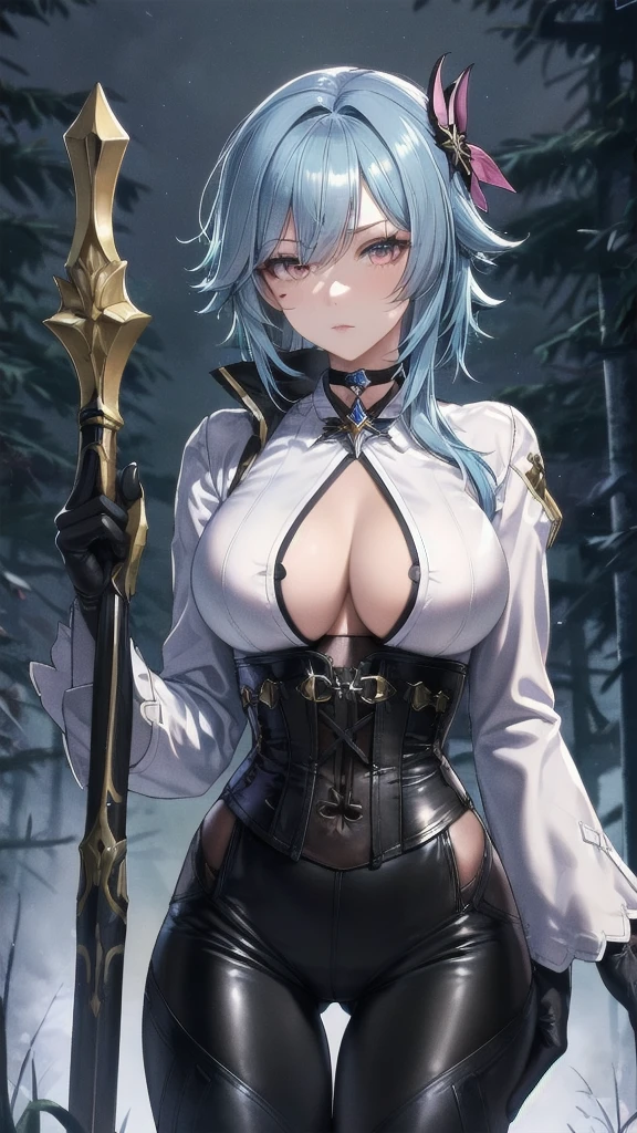 Masterpiece, Beautiful art, professional artist, 8k, Very detailed face, Detailed clothing, detailed fabric, 1 girl, eula, (genshin impact), View from the front, standing, big breasts, perfectly drawn body, pale skin, serious expression, beautiful face, sky blue hair, 4k eyes, very detailed eyes, pink cheeks, choker:1.6, (white long sleeve button down shirt with white collar), black gloves that cover up to the elbows, He holds an ax in his right hand, (black leather corset), (shiny black leggings), Black leather boots, Sensual Lips, show details in the eyes, dark forest, at night, atmosphere, fog
