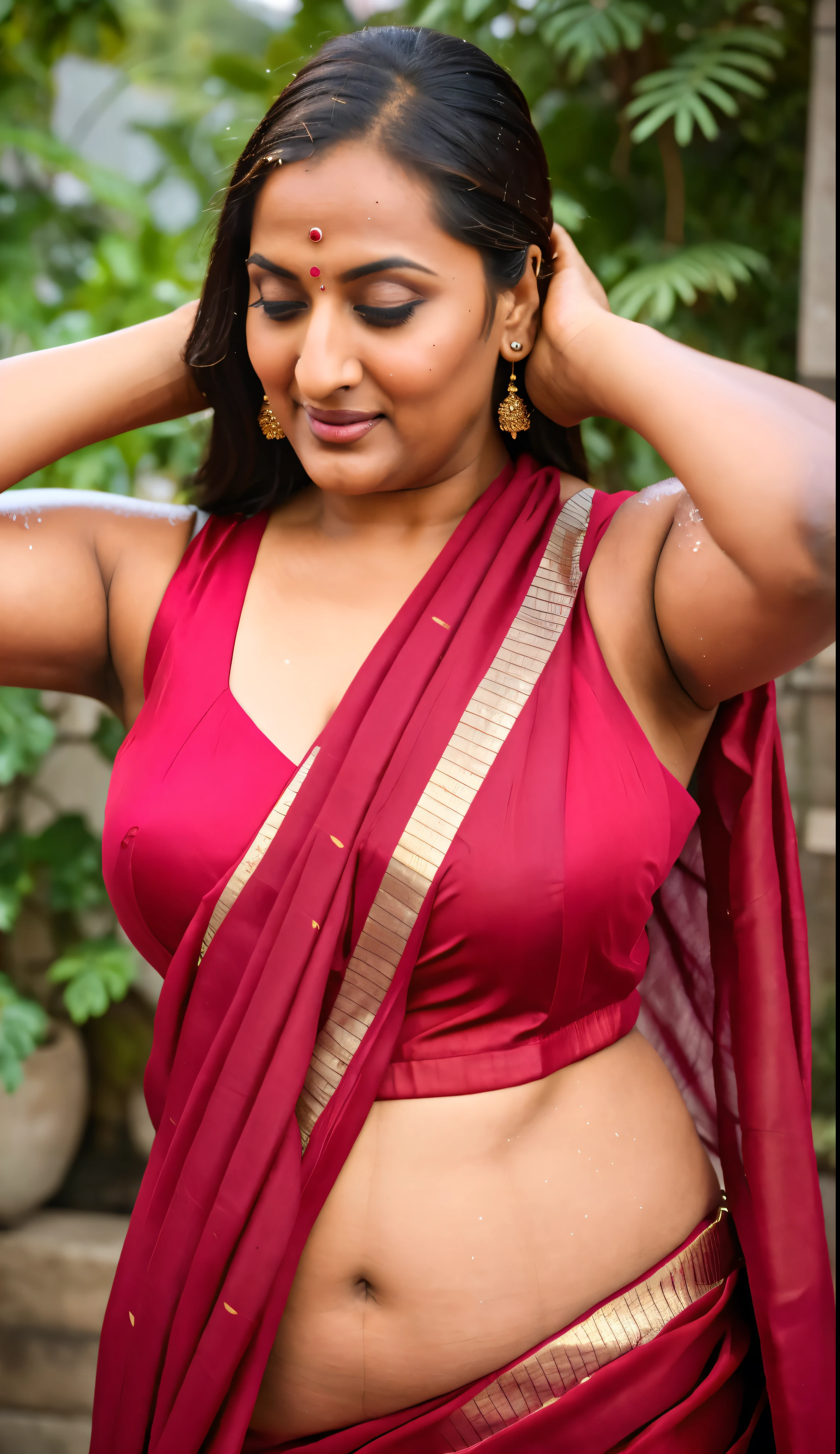 Realistic Representation of Savita bhabhi, inspired by famous Indian adult comics by amarshrostha, Foto RAW, photorealistic, photography, full body shot, 50 years old Woman, master shot, perfect eyes, goddess like beauty, pierced eyes, perfect thick chubby mallu Desi aunty bhabhi, Wearing a Stanapatta, a chest-band.Saree model, model Photography, Indian saree shoot, Indian traditional wear advertising photography, traditional wear brand shoot, face of Indian actress Sonakshi Sinha, masterpiece, realistic, realism, incredible details,  pleasure, photorealism, detailed skin, skin pores, high contrast, photorealistic Artstation 8k HD digital art trend of high definition and detailed realistic skin texture, ultra detail, realistic skin texture, armature, best quality, ultra high definition, (photorealistic:1.4),, high resolution, detail, raw photo, sweat, Re sharp, by Lee Jefferies Nikon D850 Film Stock Photo 4 Kodak Portra 400 Camera F1.6 Lens Rich Color Ultra Real Realistic Realistic Textures Dramatic Lighting Unreal Engine Trending at Art Station Cinestill 800,(pele altamente detalhada: 1.2), 8k UHD, DSLR, soft-lighting, alta qualidade, grain of film, Fujifilm XT3,she didn't like to wear blouse or bra, she is happy to wear only saree, she hates blouse or bra, detailed hairy armpits, hyper realistic skin, skin pores, veins, wet body, hyper realistic sweaty body, sweat, veins, short hairs on armpit, stubble armpits, hyper realistic hairy armpits, low waist saree, 