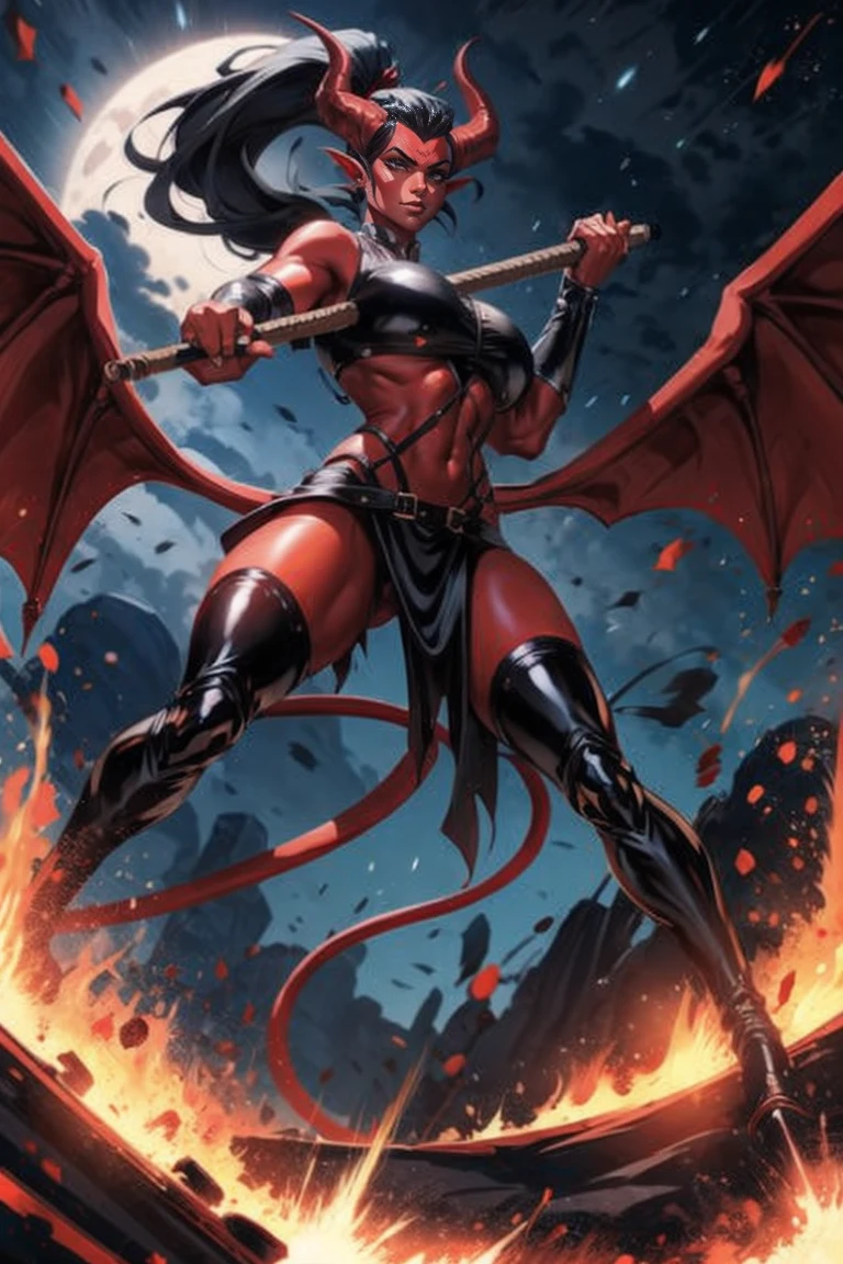 Red skin succubus tiefling, digitigrade legs, medium breasts, black horns, wings, huge tail, black leather, crop top, long flowing pelvic curtain, tall, toned, graceful, thin, long black ponytail. Action scene, whip. Dark scene, explosions, night sky.