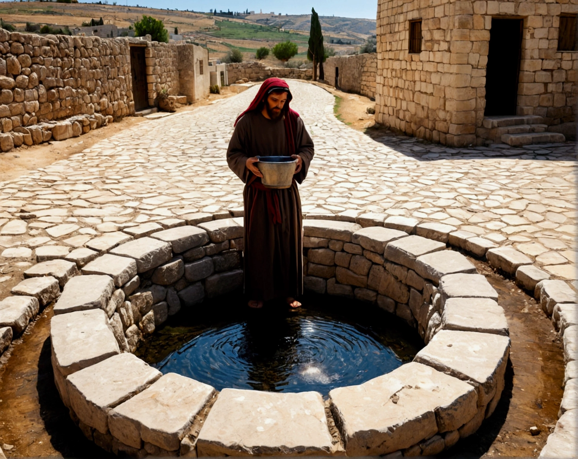Create a circle of stones with water inside and Jesus and a Samaritan woman return from the well with a bucket to draw water from the well on a sunny day in the city of Samaria in Palestine