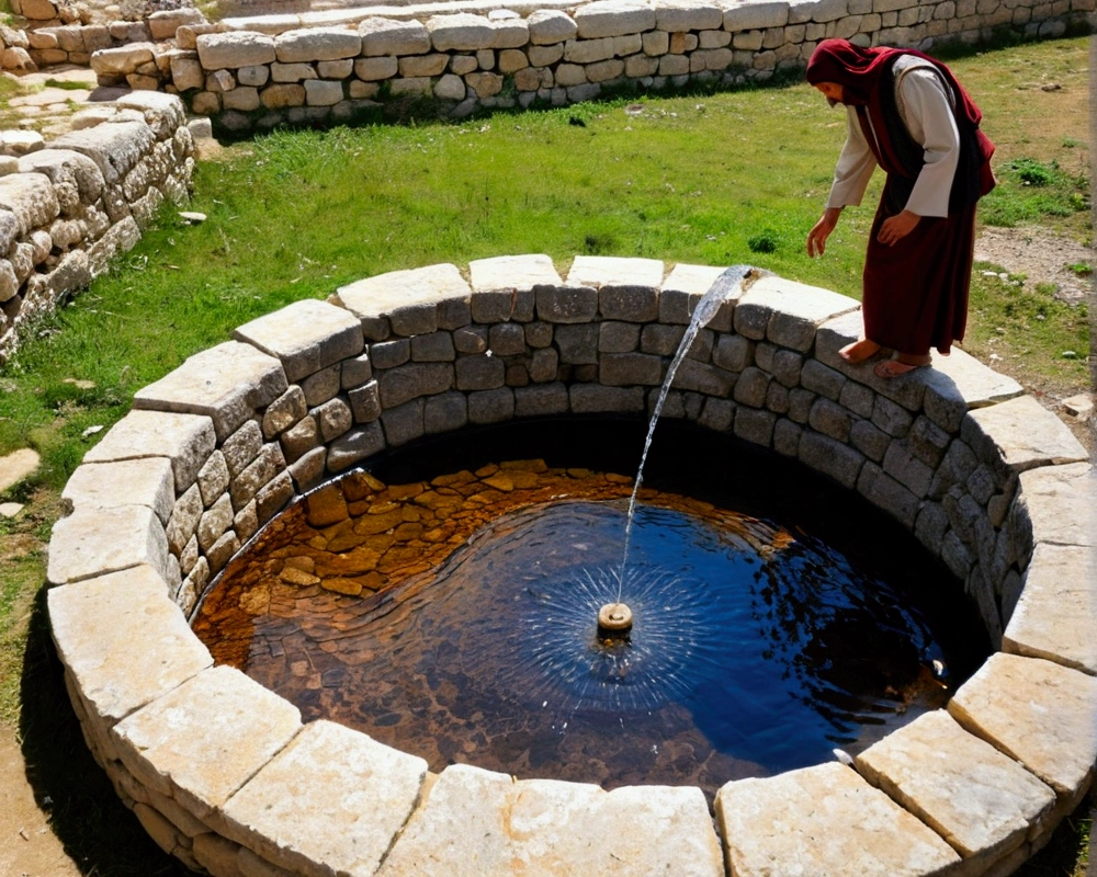 Create a circle of stones with water inside and Jesus and a Samaritan woman return from the well with a bucket to draw water from the well on a sunny day in the city of Samaria in Palestine