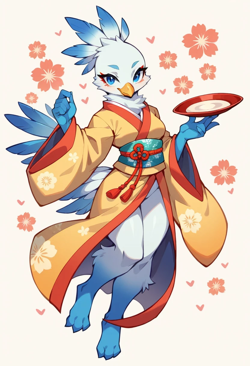 Ultra Quality, Vivid Colors 2D Art Style, An Anthropomorphic Female Bird, She Has Soft White Fur, She Has A Small Yellow Beak, She Has Hands Of Anthropomorphic Birds, She Has Blue Eyes, She Is Wearing A Yellow Japanese Dress, Full Body Image, She Has Bird Legs, White Background.