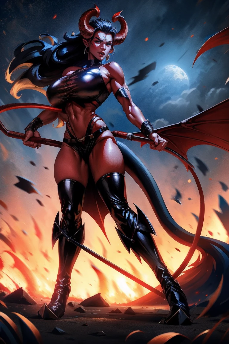 Red skin succubus tiefling, digitigrade legs, medium breasts, black horns, wings, huge tail, black leather, crop top, long flowing pelvic curtain, tall, toned, graceful, thin, long black ponytail. Action scene, whip. Dark scene, explosions, night sky.