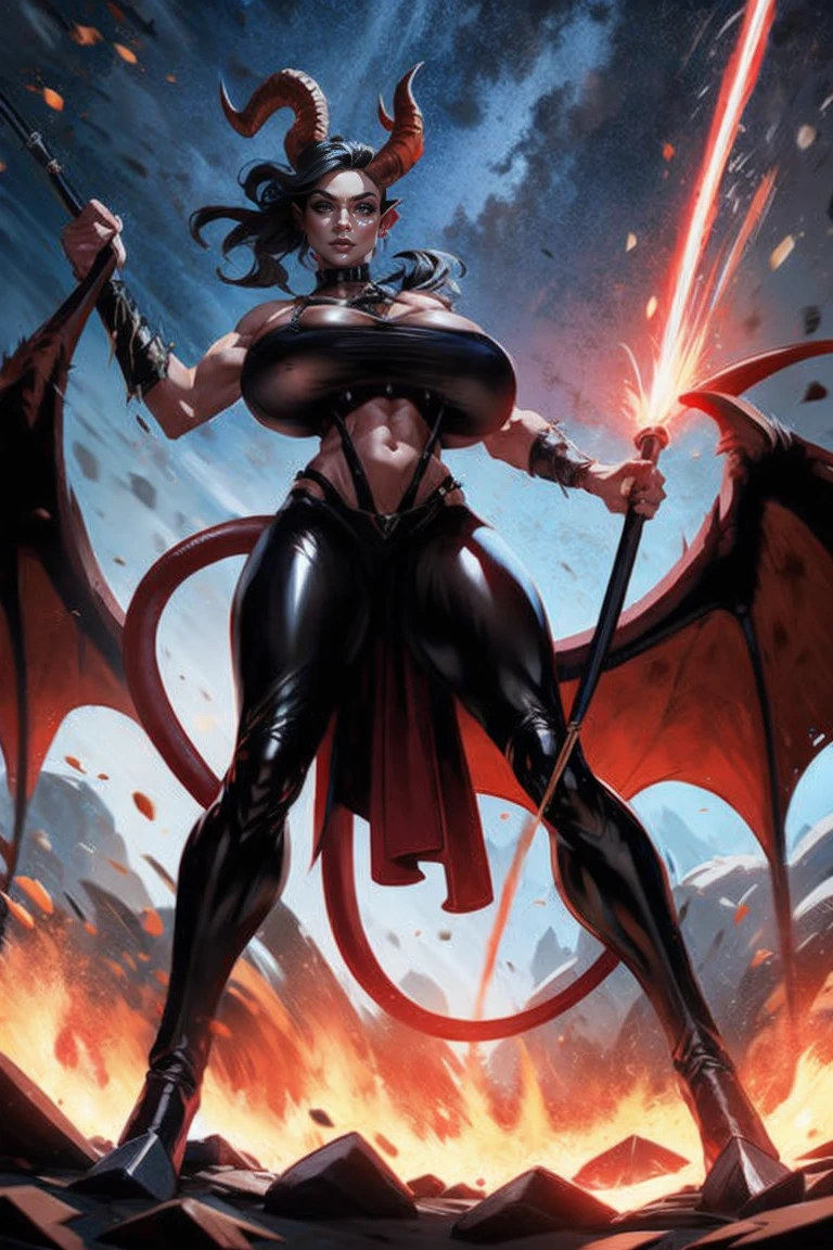Red skin succubus tiefling, digitigrade legs, medium , black horns, wings, huge tail, black leather, crop top, long flowing pelvic curtain, tall, toned, graceful, thin, long black ponytail. Action scene, whip. Dark scene, explosions, night sky.
