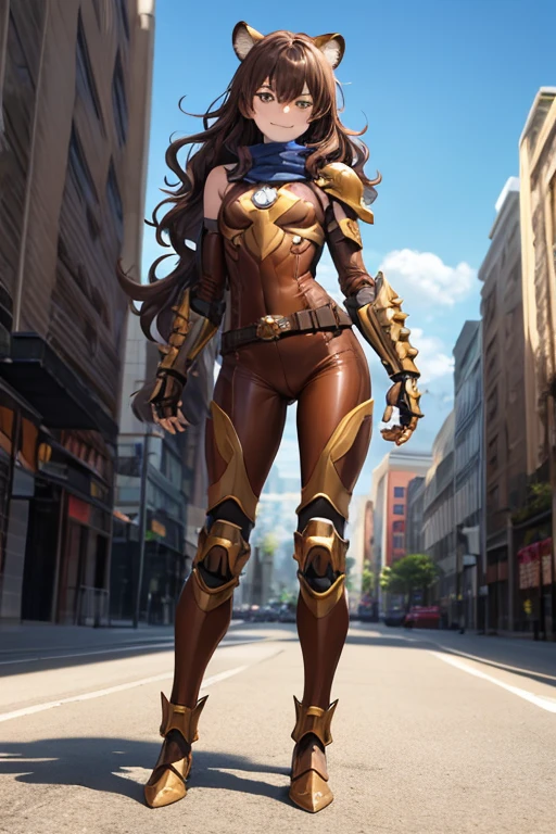 ((best quality)), ((masterpiece)), (detailed), 1 girl, full body, 20s, young adult, brown aviator helmet, spiked helmet, evil smile, metallic pixie ears, long white scarf, gremlin, wavy brown hair with a lock, brown neck, somewhat short, very thin, hunched over, long metal claws, spikes on forearms, brown details, brown fingerless gloves, brown wrist guards, brown nanotech suit, light armor, brown chest with an emblem, high shoulder pads, orange suit with brown stripes, brown tiger stripes, triangular emblem on chest, very small breasts, blue emblem, orange pants, brown knee pads, metallic brown boots, metallic brown shoes, brown superhero belt, standing on a building, city background, anime