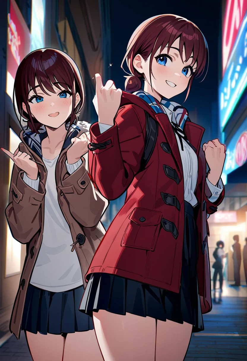 A girl,iseri nina, with a smiling face,eyes squinted,wearing a white shirt, a strap tie, a red duffle coat, and a skirt. The woman is standing with both hands raised, showing middle fingers,fuck you, night street at downtown, 
masterpiece, best quality, absurdres,