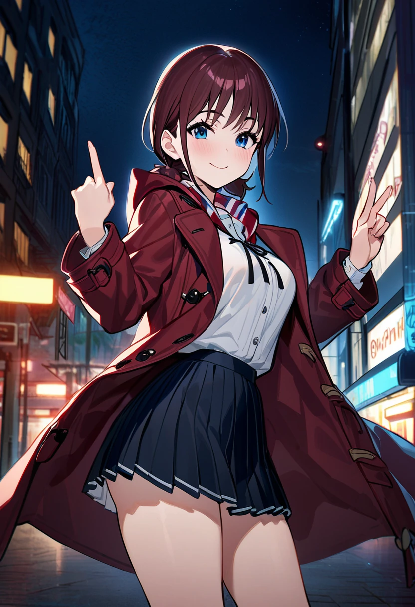 A girl,iseri nina, with a smiling face,eyes squinted,wearing a white shirt, a strap tie, a red duffle coat, and a skirt. The woman is standing with both hands raised, showing middle fingers,fuck you, night street at downtown, 
masterpiece, best quality, absurdres,