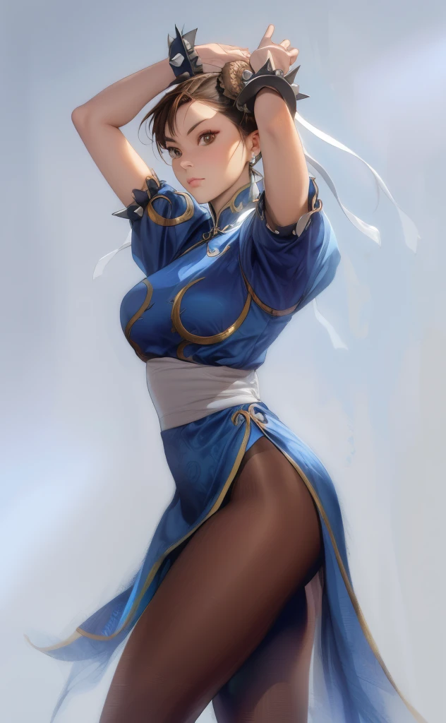 perfect eyes:1.2, detailed eyes:1.4, ChunLi, red eyeshadow:1.2, closed mouth, makeup:1.2, white belt, qipao, nature, tree, brown eyes, short hair, brown hair, double bun, bun cover, blue dress, pelvic curtain, spiked bracelet, sash, brown pantyhose, cowboy shot, 1girl, solo, (masterpiece:1.6, best quality), 8k, insane details, intricate details, hyperdetailed, hyper quality, high detail, ultra detailed, professional, HDR, ray tracing reflection, cinematic lighting,