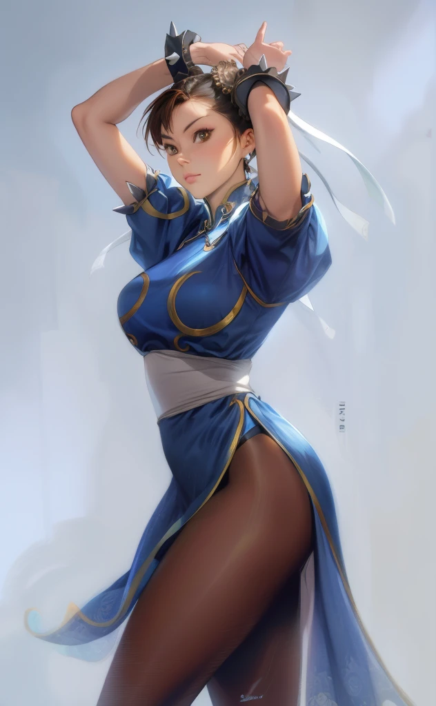 perfect eyes:1.2, detailed eyes:1.4, ChunLi, red eyeshadow:1.2, closed mouth, makeup:1.2, white belt, qipao, nature, tree, brown eyes, short hair, brown hair, double bun, bun cover, blue dress, pelvic curtain, spiked bracelet, sash, brown pantyhose, cowboy shot, 1girl, solo, (masterpiece:1.6, best quality), 8k, insane details, intricate details, hyperdetailed, hyper quality, high detail, ultra detailed, professional, HDR, ray tracing reflection, cinematic lighting,