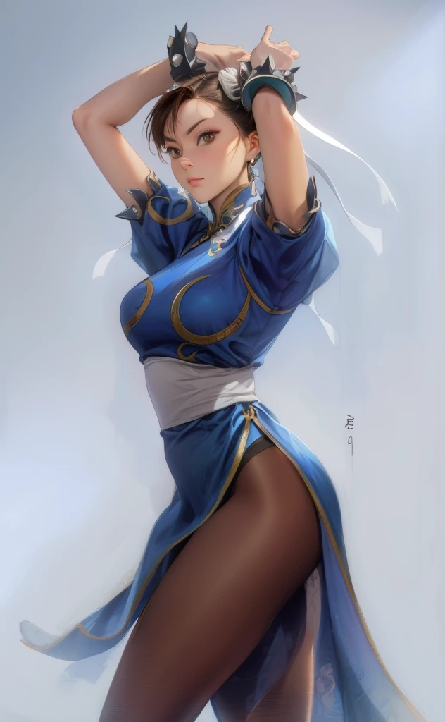 perfect eyes:1.2, detailed eyes:1.4, ChunLi, red eyeshadow:1.2, closed mouth, makeup:1.2, white belt, qipao, nature, tree, brown eyes, short hair, brown hair, double bun, bun cover, blue dress, pelvic curtain, spiked bracelet, sash, brown pantyhose, cowboy shot, 1girl, solo, (masterpiece:1.6, best quality), 8k, insane details, intricate details, hyperdetailed, hyper quality, high detail, ultra detailed, professional, HDR, ray tracing reflection, cinematic lighting,
