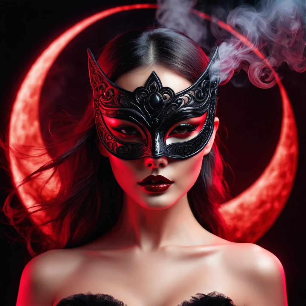 woman with a sensual mask, fashion sexy, black moon background, 8K, red light, smoke