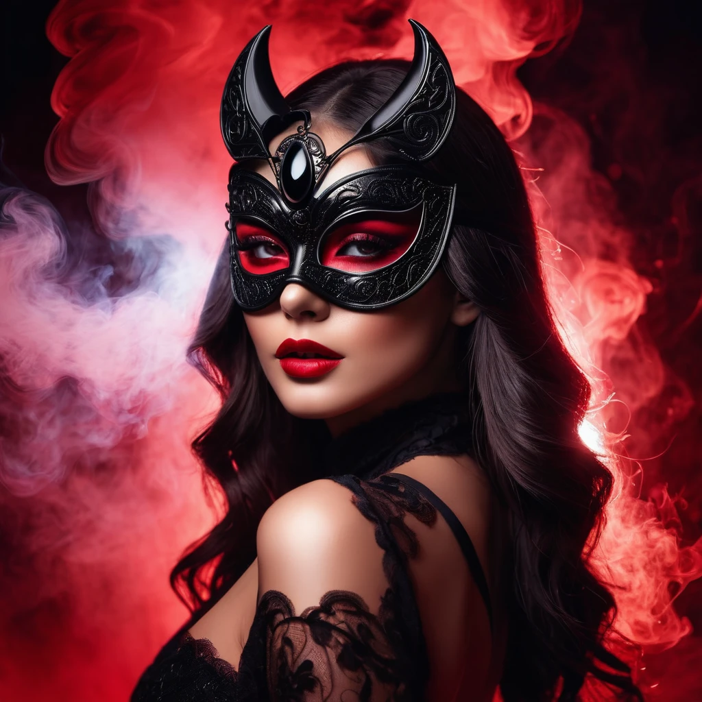 woman with a sensual mask, fashion sexy, black moon background, 8K, red light, smoke