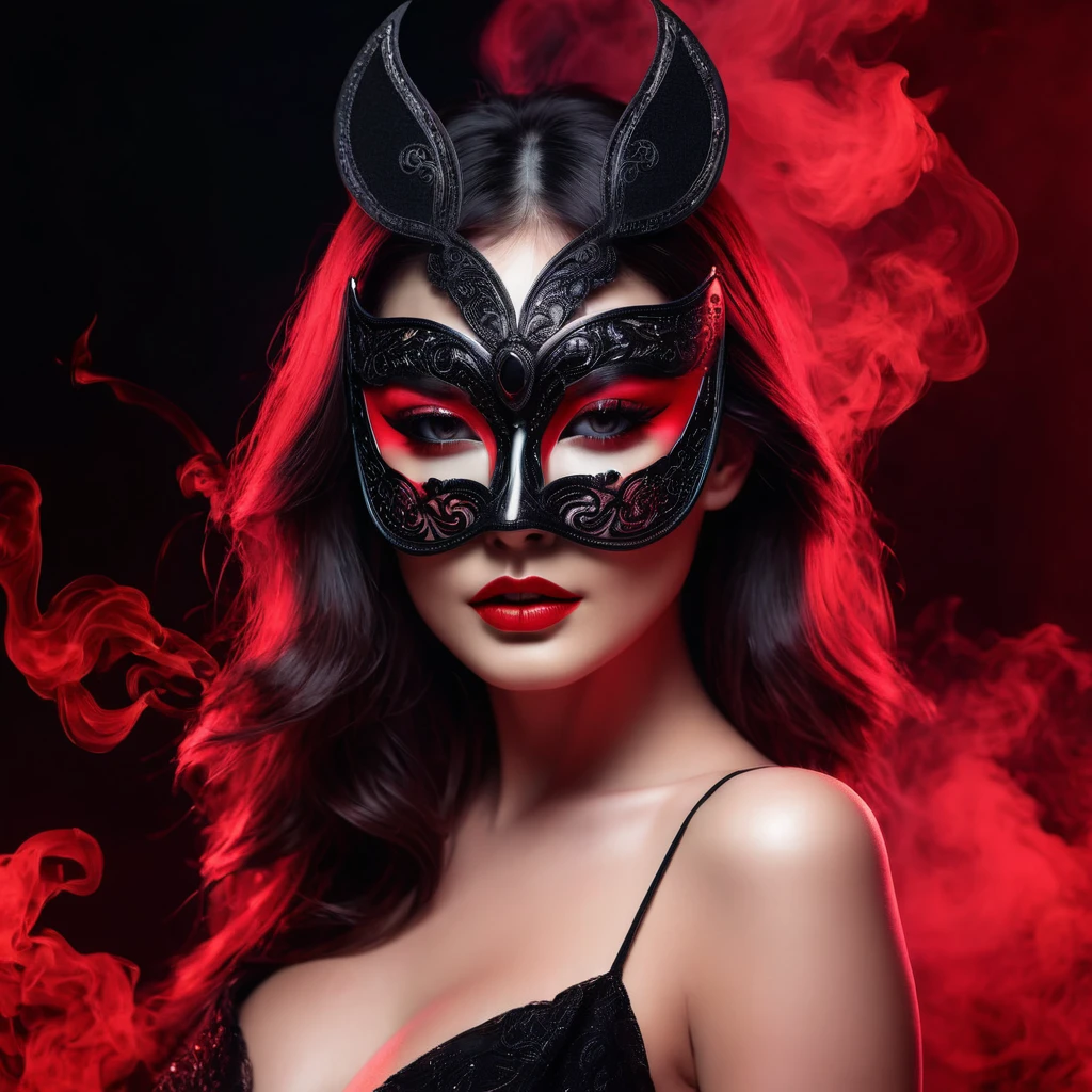 woman with a sensual mask, fashion sexy, black moon background, 8K, red light, smoke