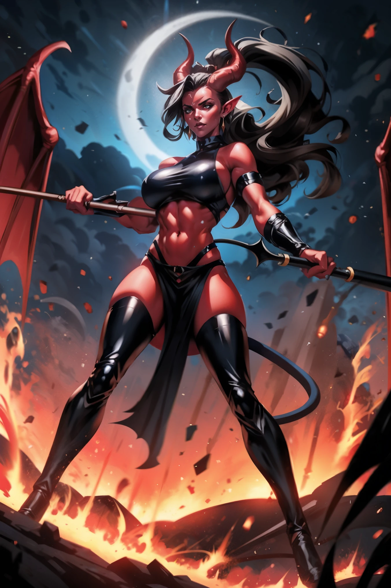 Red skin succubus tiefling, medium breasts, black horns, wings, huge tail, black leather, crop top, long flowing pelvic curtain, tall, toned, graceful, thin, long black ponytail. Action scene, whip. Dark scene, explosions, night sky.