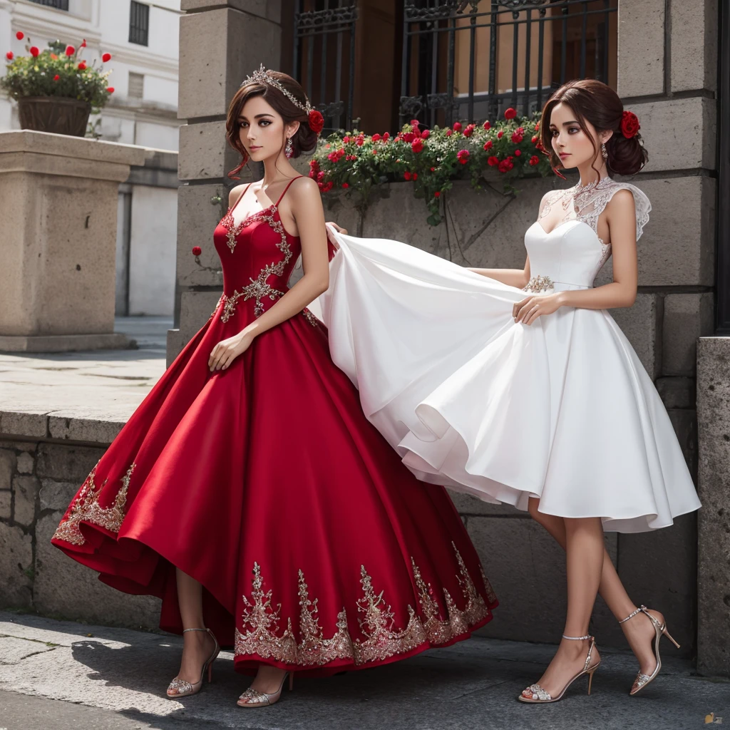Vestido de dama de honor color rojo con 💐 zapatillas de cristal en tonos calidos y carruaje de caballos blanco con coletas rojas