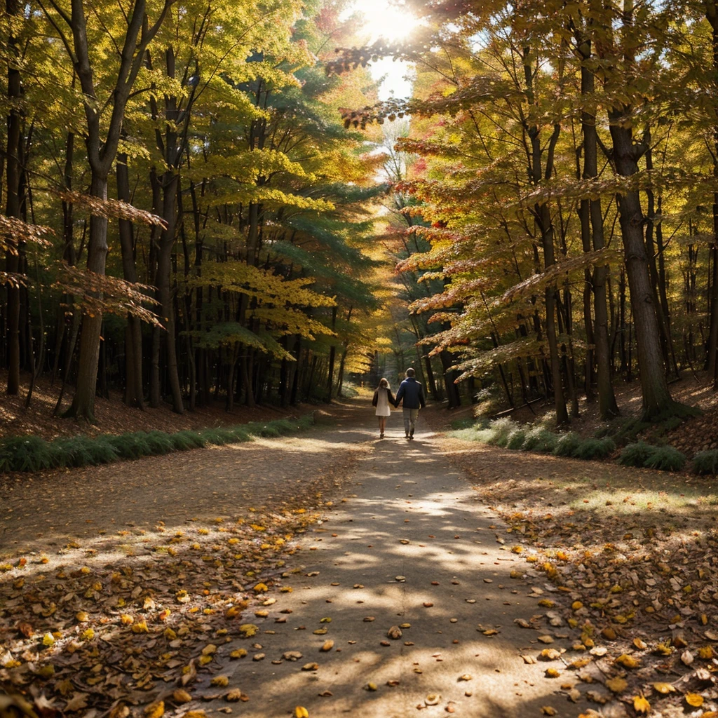 "Create a high-resolution, professional-quality illustration of a cozy autumn scene in a vibrant forest. The image should depict a winding path covered in fallen leaves of red, orange, and yellow, leading through a dense, colorful woodland. Include tall trees with richly hued foliage and a gentle stream running parallel to the path, reflecting the warm tones of the leaves. Add details such as a wooden bench along the path, a scattering of acorns and mushrooms, and a couple walking hand-in-hand, dressed in comfortable fall clothing. The sunlight should filter through the trees, casting a golden glow and creating a serene, inviting atmosphere. Ensure the composition is balanced and captures the essence of autumn, evoking feelings of warmth, nostalgia, and natural beauty. This image should appeal to themes related to seasonal changes, nature, and outdoor activities on stock photography platforms."