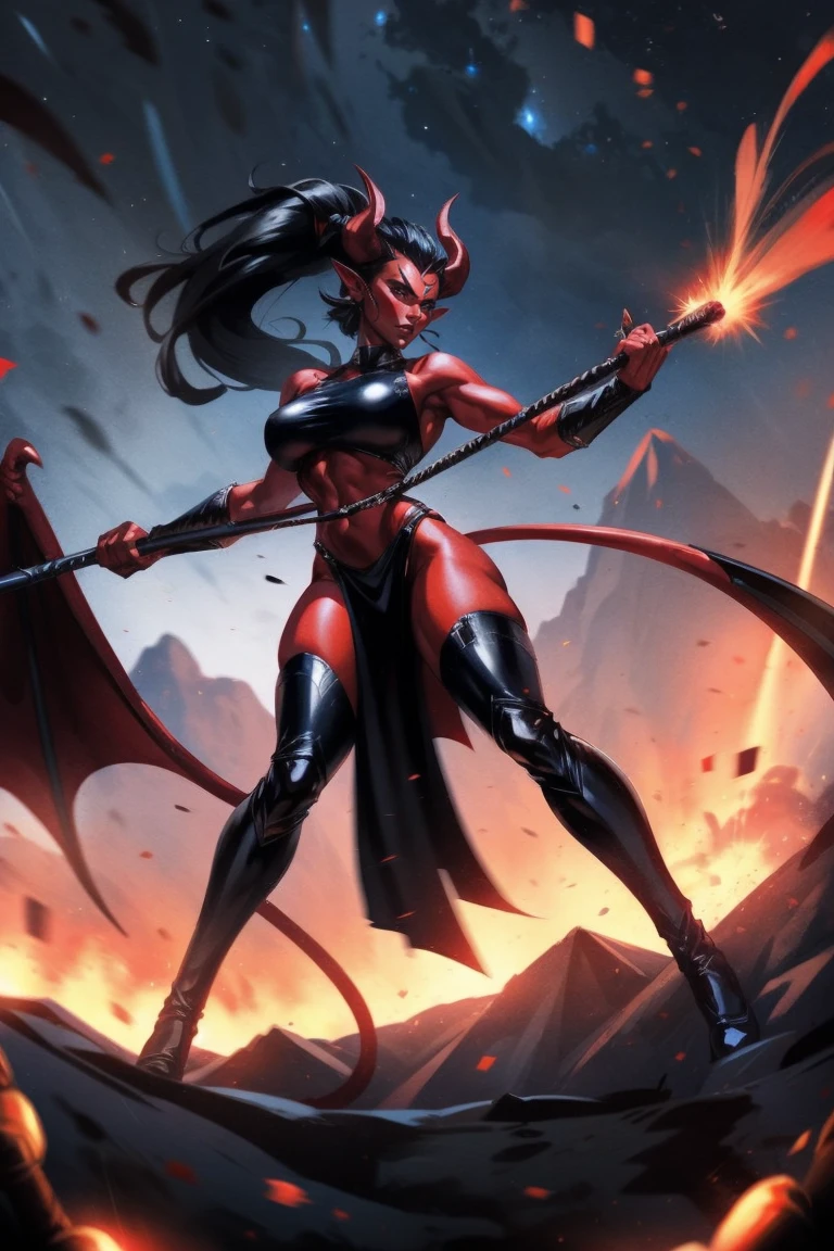 Red skin succubus tiefling, medium breasts, black horns, wings, huge tail, black leather, crop top, long flowing pelvic curtain, tall, toned, graceful, thin, long black ponytail. Action scene, whip. Dark scene, explosions, night sky.