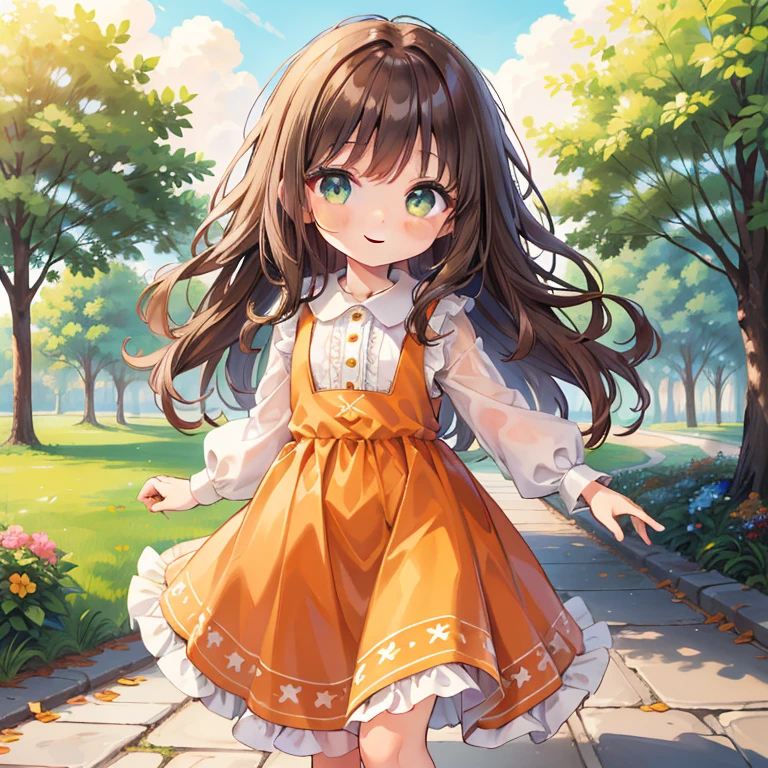 a cute detailed  with long shiny hair, kindergarten body, sparkling eyes, perfect facial features, wearing a dress and flower accessories, smiling sweetly in the park, panty pull, standing, (best quality,4k,8k,highres,masterpiece:1.2),ultra-detailed,warm colors,soft lighting,cute,adorable