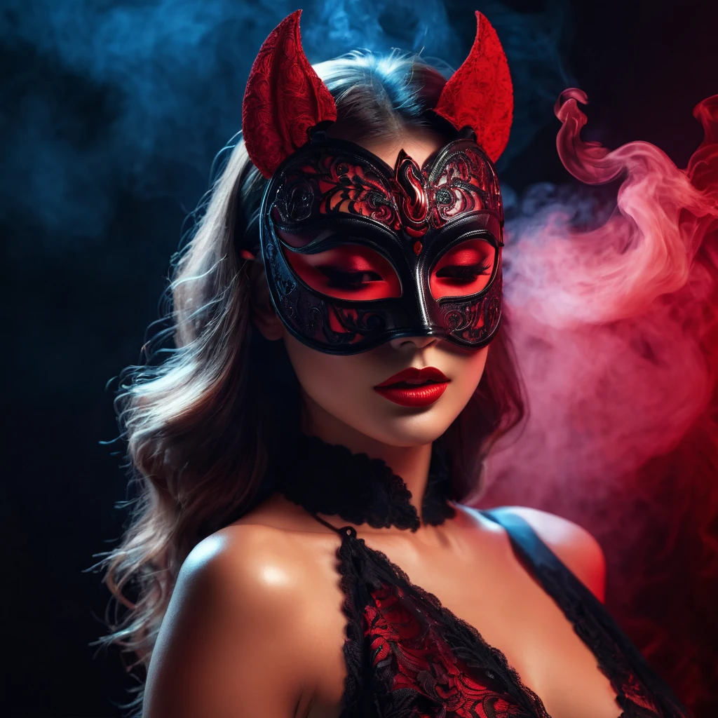 woman with a sensual mask, fashion sexy, black moon background, 8K, red light, with smoke