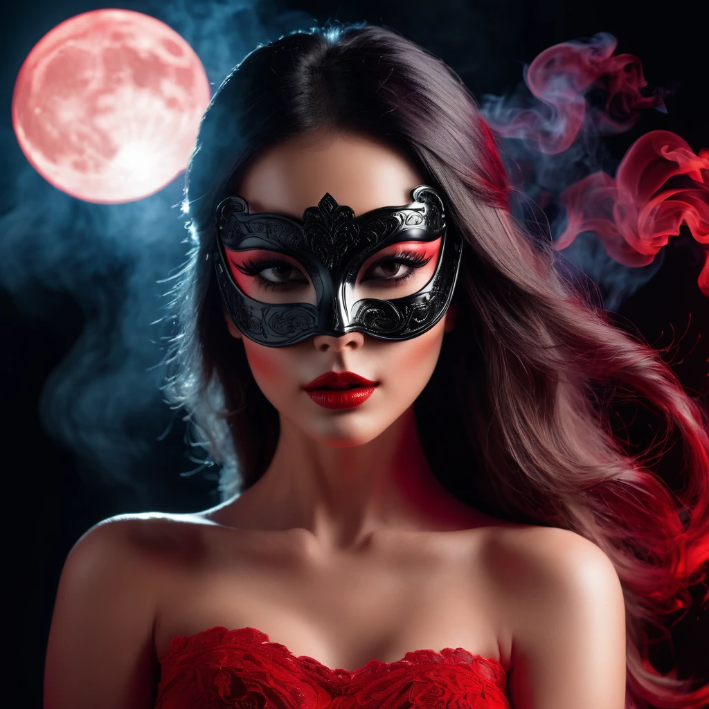 woman with a sensual mask, fashion sexy, black moon background, 8K, red light, with smoke
