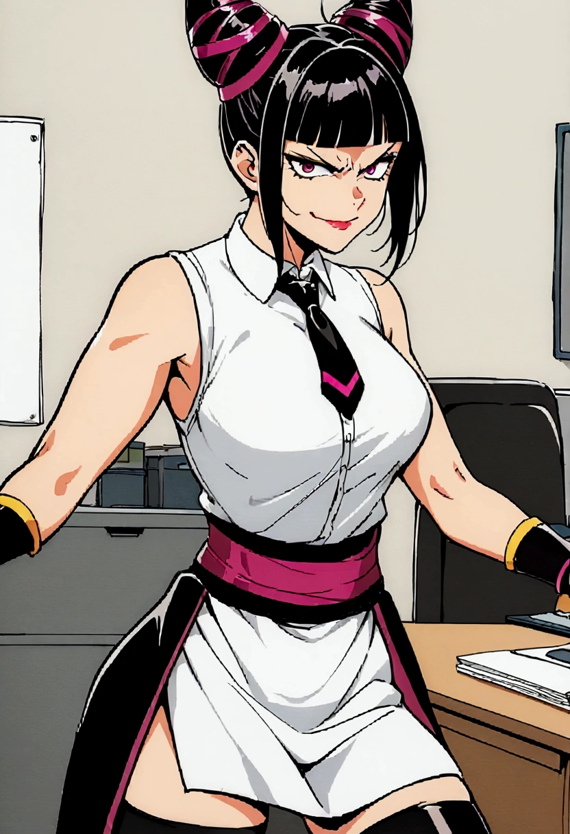 Juri Han, artwork, tight white secretary shirt with black tie, black high waist skirt, Short skirt,media, black fur, black stockings,office,bangs in the eyes,bravo,angry
,evil smile
